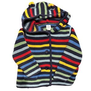 GAP Rainbow Striped Bear Garter Knit Cotton Sweater Cardigan 6-12 M Colorful